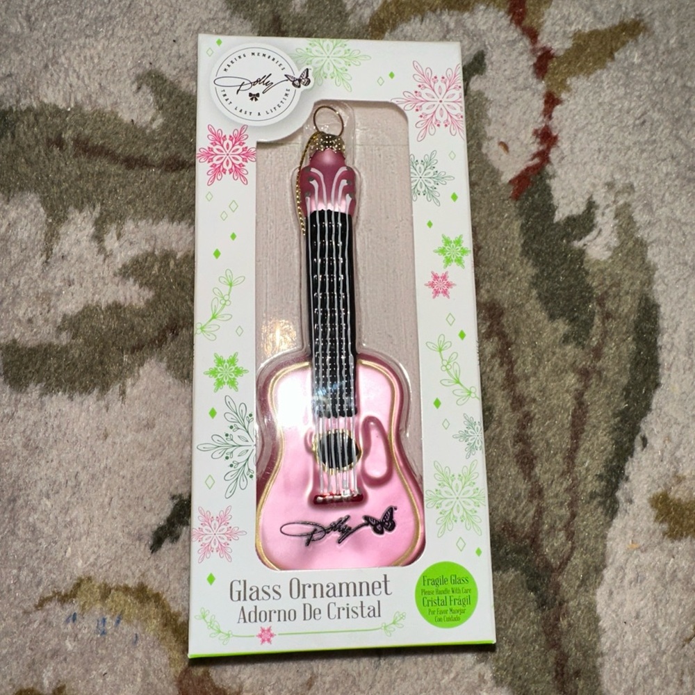 Dolly Parton Pink Guitar Holiday Glass Ornament, 5". NIB